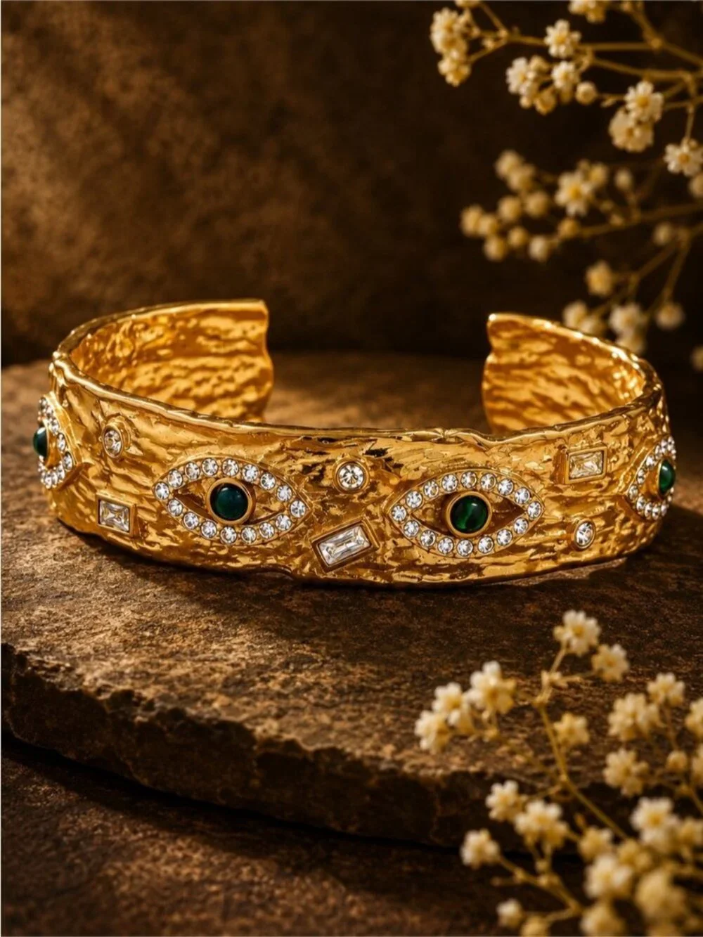 Gold plated Cuff Bracelet with Green Eye Accents